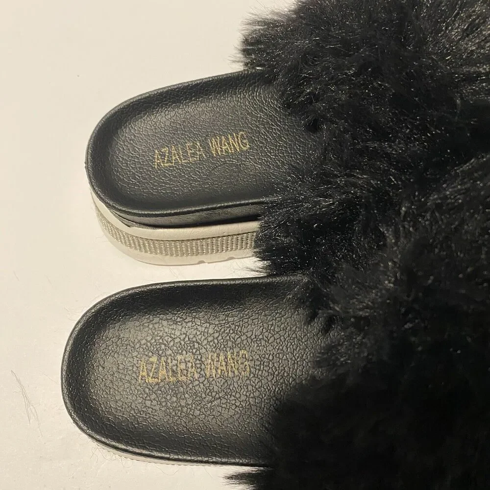 Azalea Wang‎ Rhinestone Fur Slide Sandals Platform Size 7 Chic Glamorous Bling